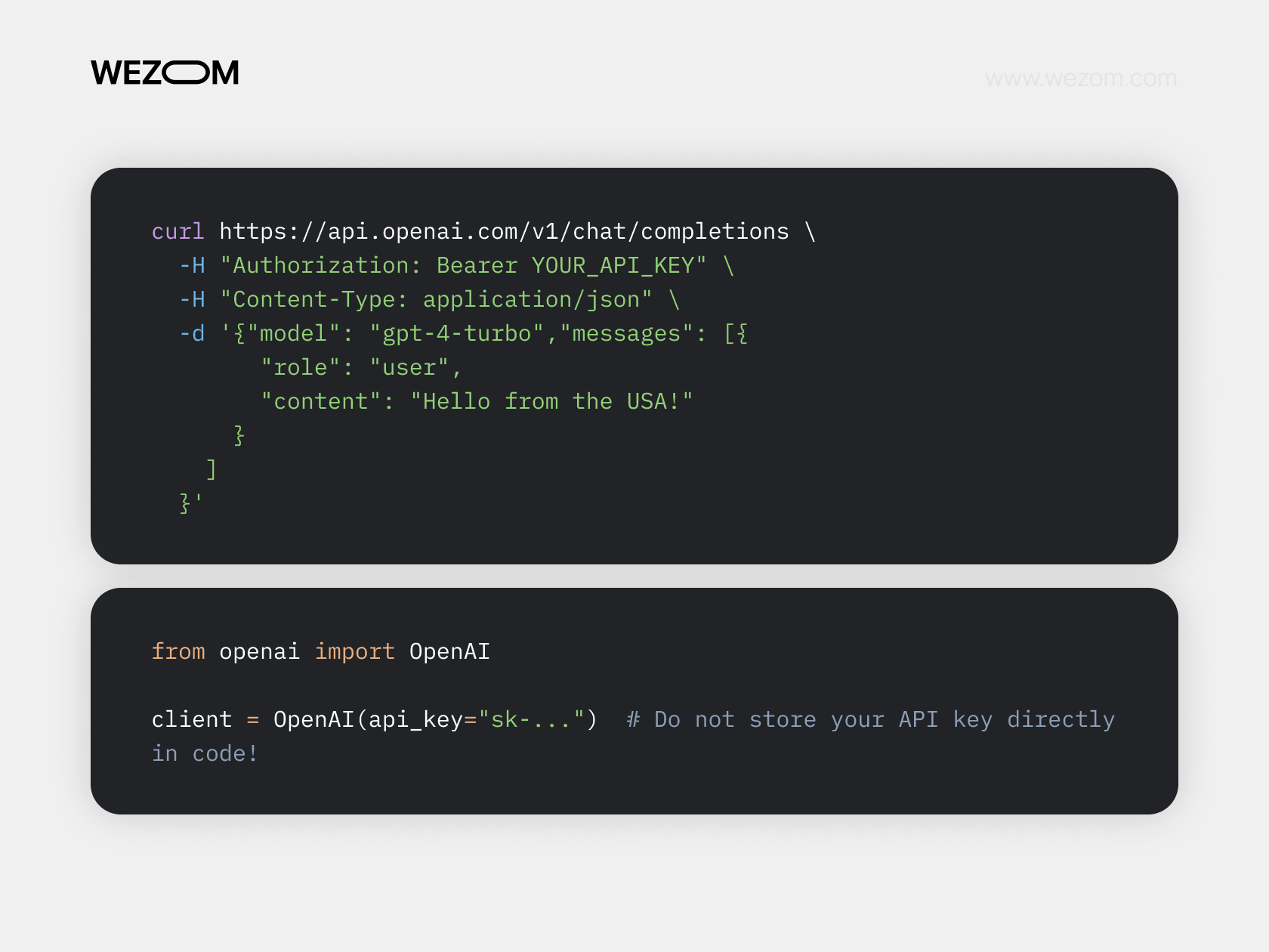 Curl and Python OpenAI API examples demonstrating how to use OpenAI API key securely for chat completions